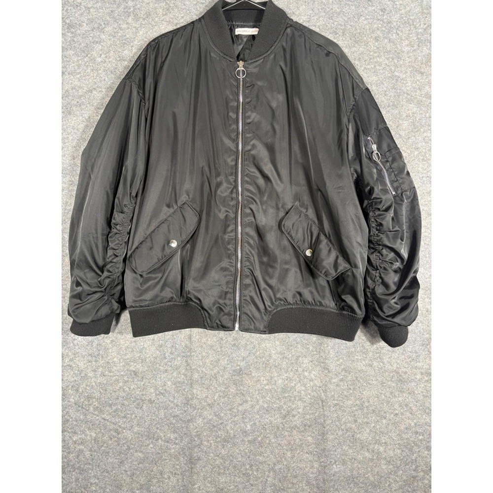 Sincerely Jules Black Bomber Jacket Oversized Zip Pockets Ruched Sleeve‎ Women M